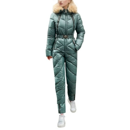 MIASHUI Women s Autumn Winter Solid Color Warm Ski Suit Outdoor Fashion Sportswear One-Piece Hooded Green M