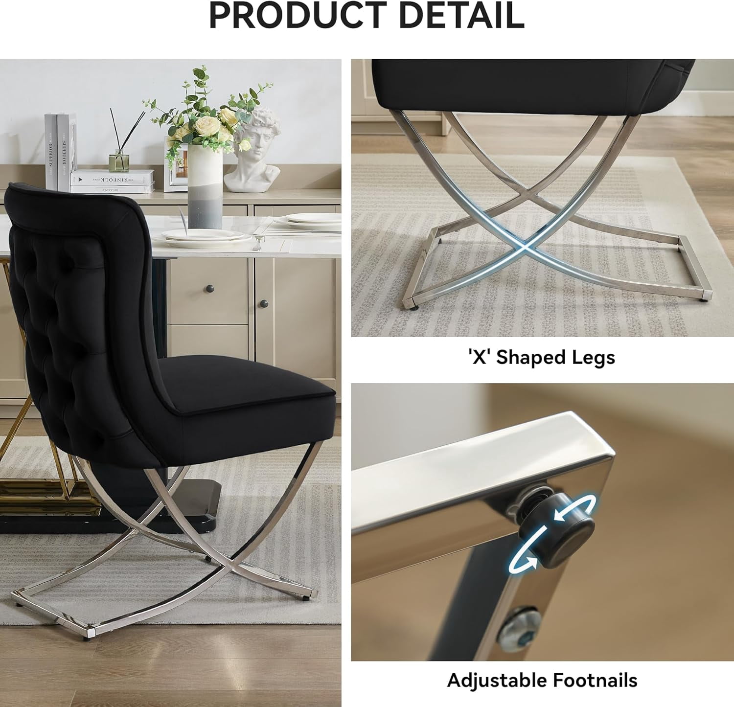 2PCS Luxury Velvet Dining Chairs, Tufted Upholstered Armless Accent Chairs with Silver Metal X-Legs, Modern Glam Dining Chair Kitchen Chairs, Black