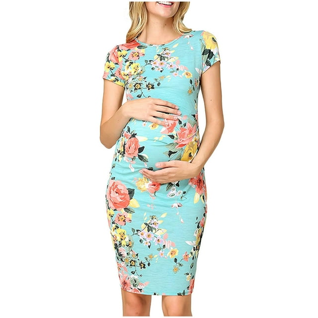 Robe de Maternité Florale Robe de Maternité pour Femmes à Manches Courtes à Col Rond Robe à Imprimé Floral Vêtements de Grossesse