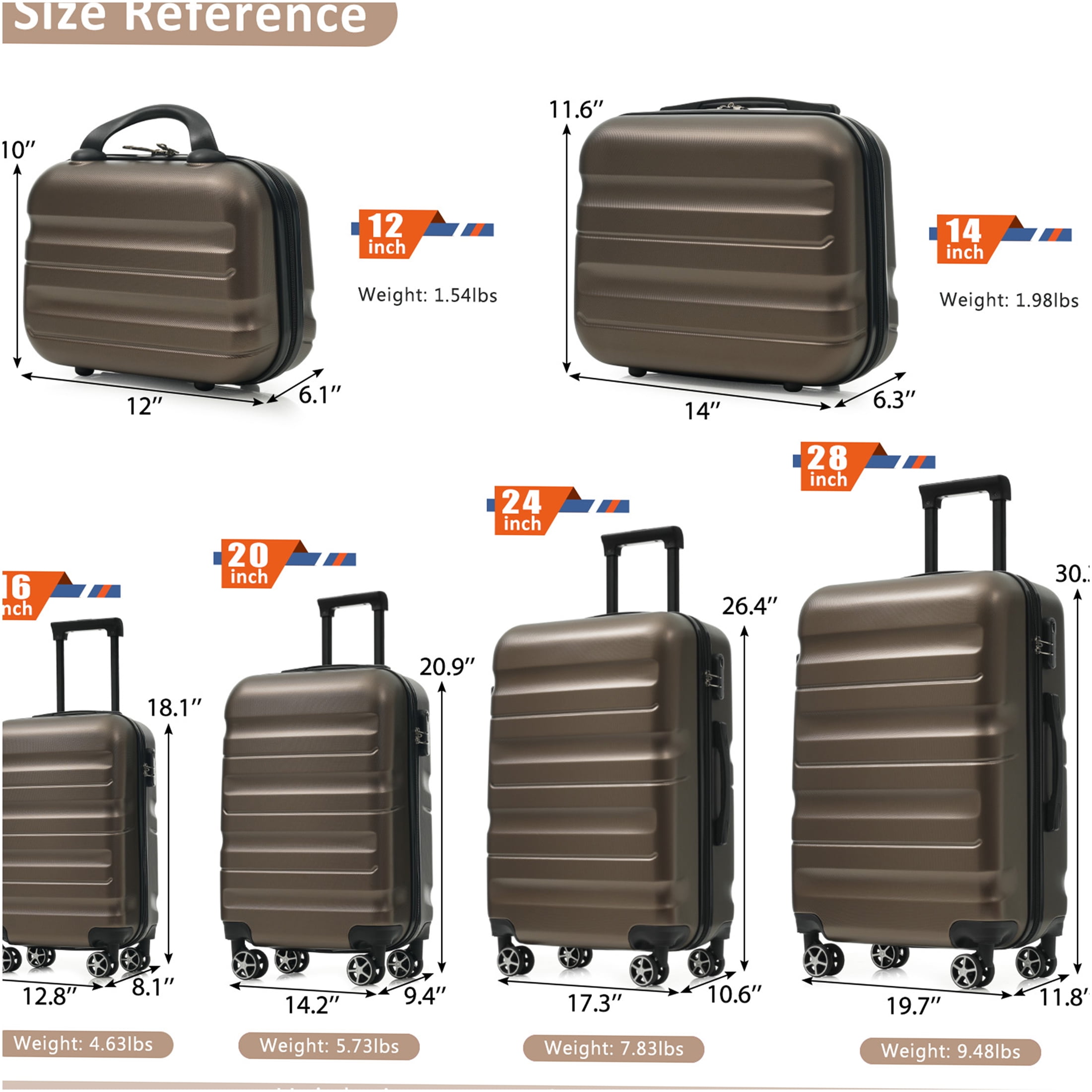 JERFIT 6-Piece Brown ABS Hardshell Luggage Set with Spinner Wheels, Lightweight Durable Suitcases for Travel, Carry On Included