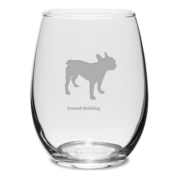 French Bulldog Deep Etched 15 oz Stemless White Wine Glass