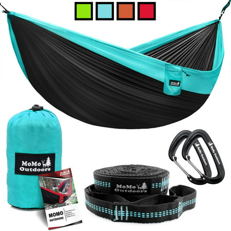Lightweight Double Camping Hammock - Adjustable Tree Straps & Ultralight Carabiners Included - Two Person Best Portable Parachute Nylon Hammocks for Hiking, Backpacking, Travel & Backyard - Easy
