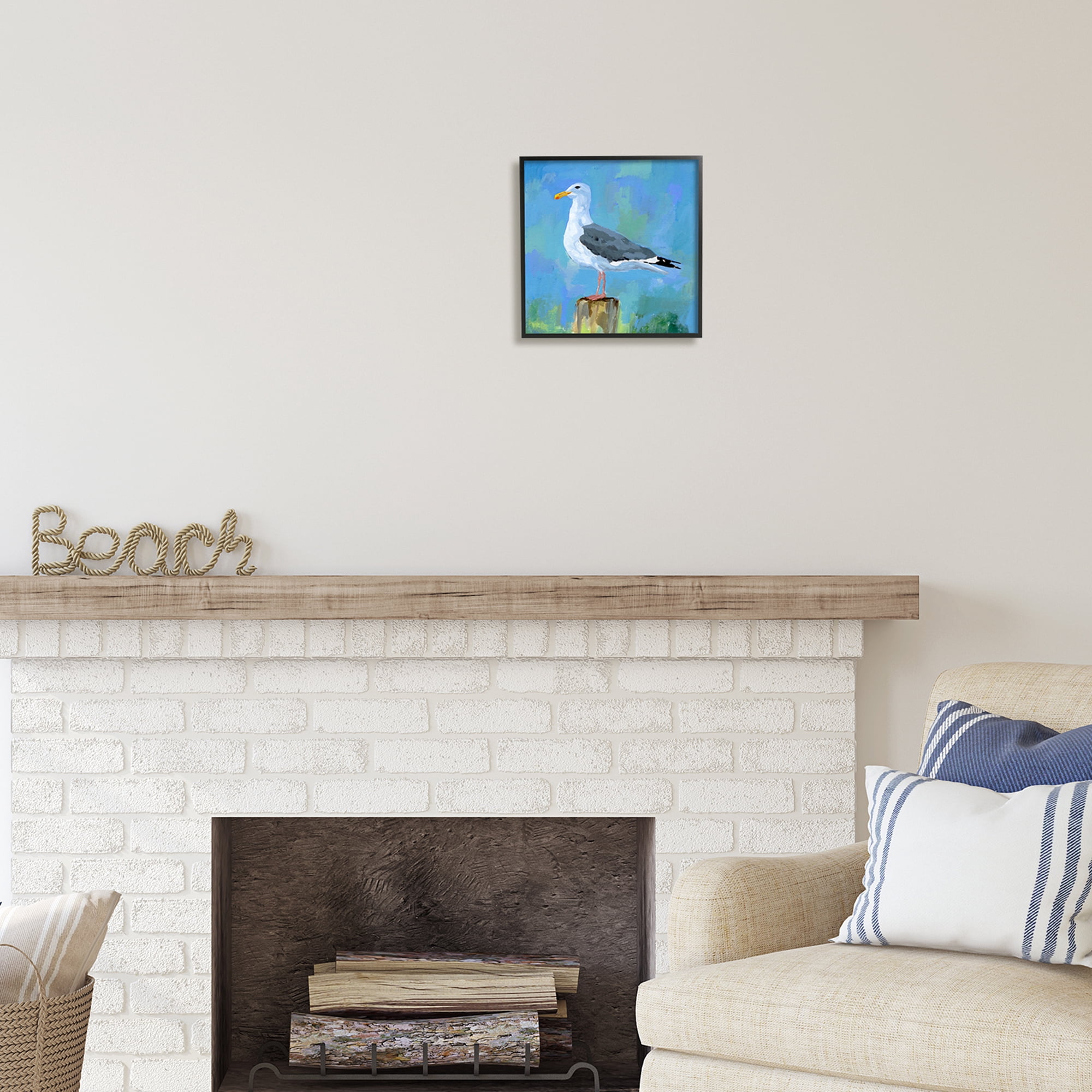 Stupell Industries Coastal Seagull Painting Animals & Insects Painting Black Framed Art Print Wall Art, 12 x 12