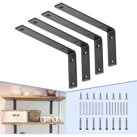 Black Shelf Bracket, 12” X 5” Quarter Inch (1/4") Thick- Max Load: 440 lb Rustic Industrial Modern Farmhouse Heavy Duty Cold Rolled Steel Bracket for Table Bench, Space Saving DIY, Pack of 4