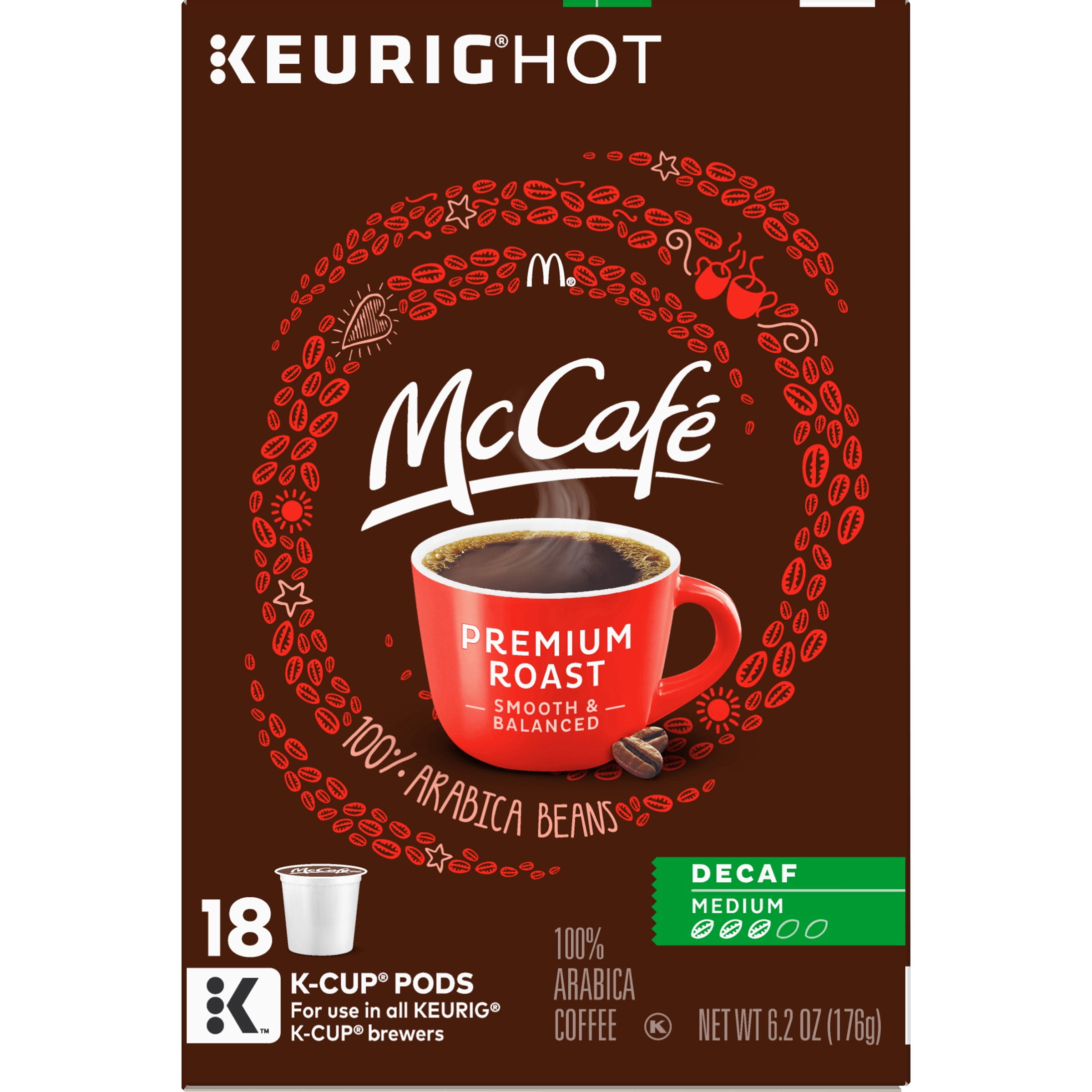 McCafe Premium Roast Decaf Coffee K-Cup Pods, Decaffeinated, 18 ct - 6.2 oz Box