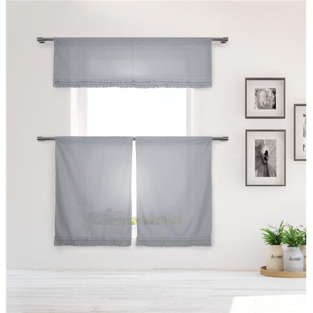 Accueil Maison SHIL 14709D12 Tier & Valance Set - Rideaux de Fenêtre - Semi-Transparent - Blanc & Gris