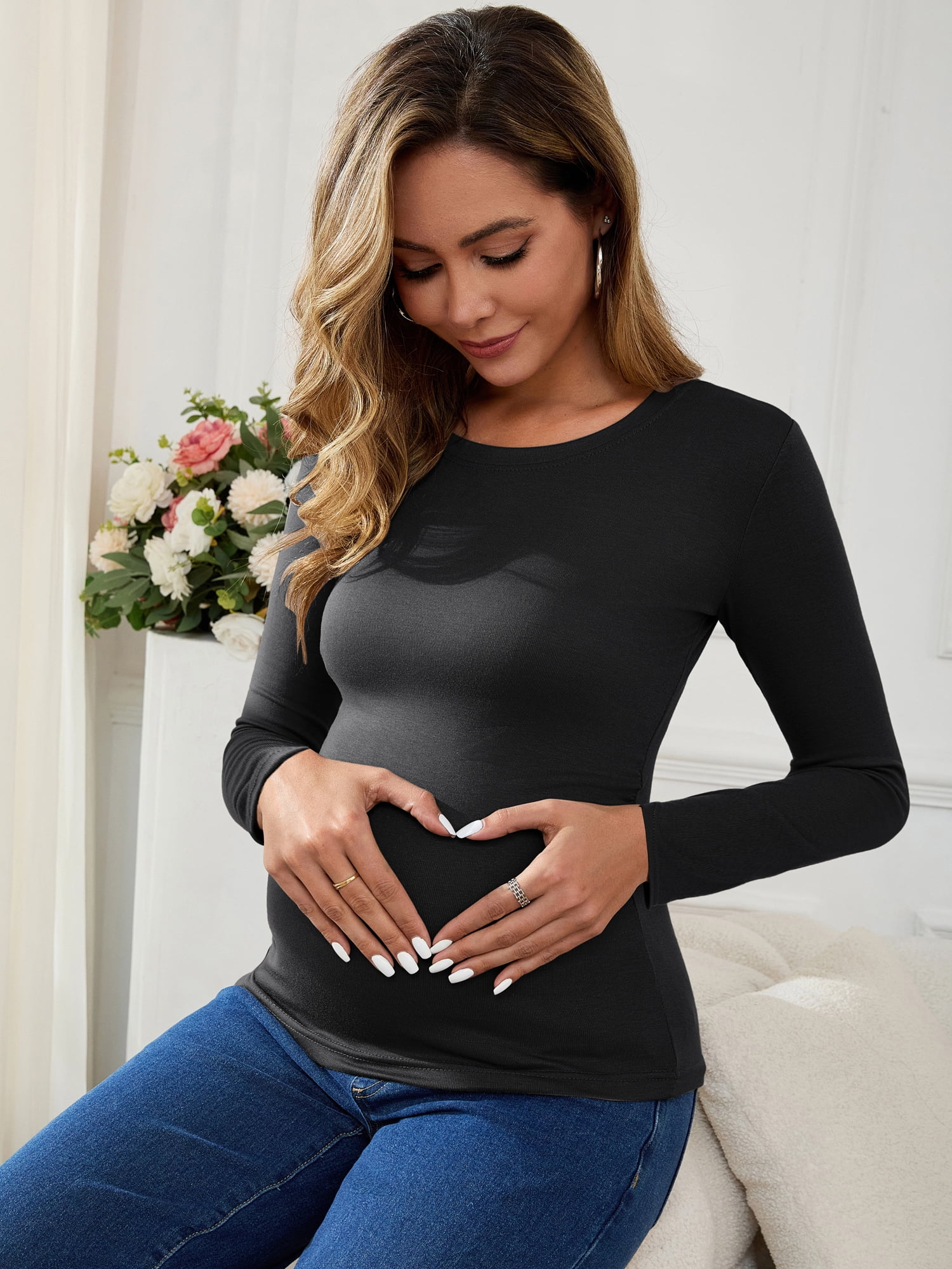 DARING DIVA Women's Ruched Long Sleeve Maternity Blouses L Black