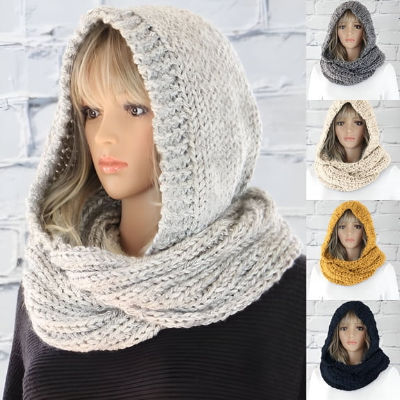 TELOLY Women Winter Knitted Hooded Long Scarf Warm Wrap Head Scarves Black Head Scarf