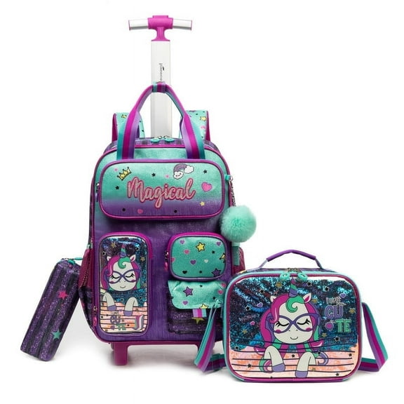 Unicorn Kids Rolling Backpack for Girls Cute Roller Backpacks with Wheels Wheeled Bookbag with Lunch Box Pencil Case for Elementary 10-12