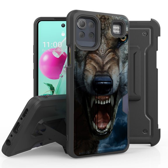 ANJ Rugged Hybrid Shockproof Case w/Kickstand Holster Clip Card Slot Cover for LG K92 5G - Feral Wolf