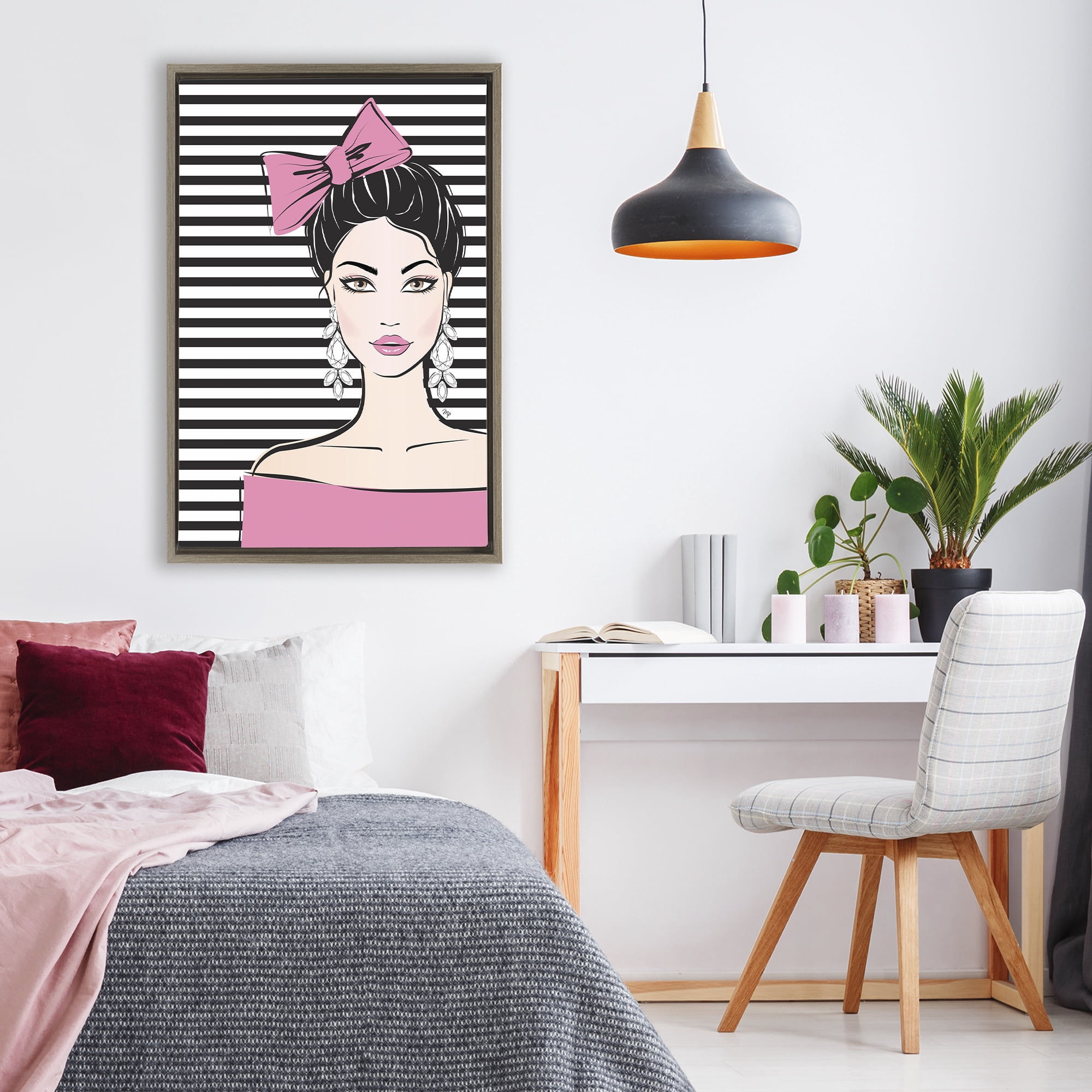 Stupell Industries Girl with Pink Bow & Earrings Brown Framed Floater Canvas Wall Art, design by Martina Pavlova