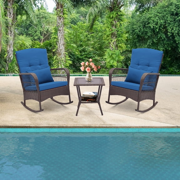 Gymax 3 Pieces Rocking Bistro Set PE Rattan Rocking Chairs w/ 2-Tier Coffee Table Navy