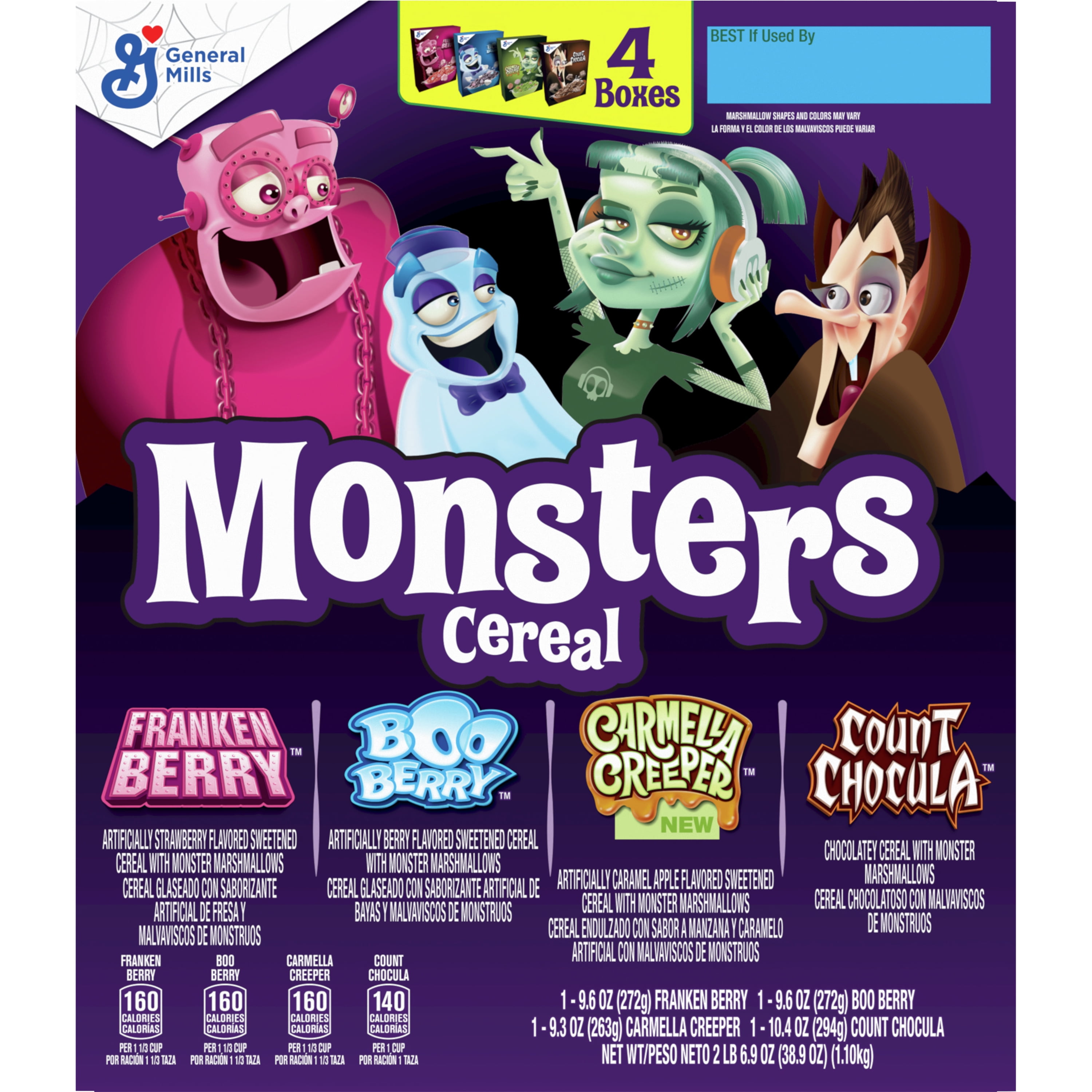 General Mills - Brandclub - Monsters Cereal with Marshmallows Variety Pack  of 4 Boxes, Limited Edition, 38.9 oz