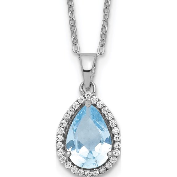 Sterling Silver Rhodium Polished Created Aquamarine & Cz Necklace Made In China qg4069mar-18