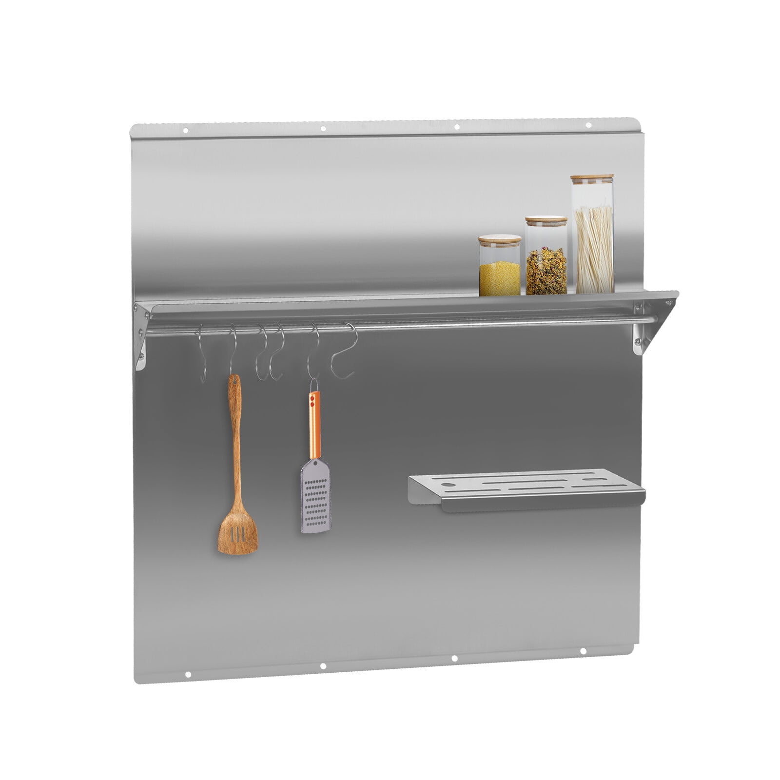 Wall-Mounted Range Backsplash with Storage Shelf & Knife Rack, 30kg Capacity, Stainless Steel, Modern Kitchen Organizer with Hooks & Easy Installation