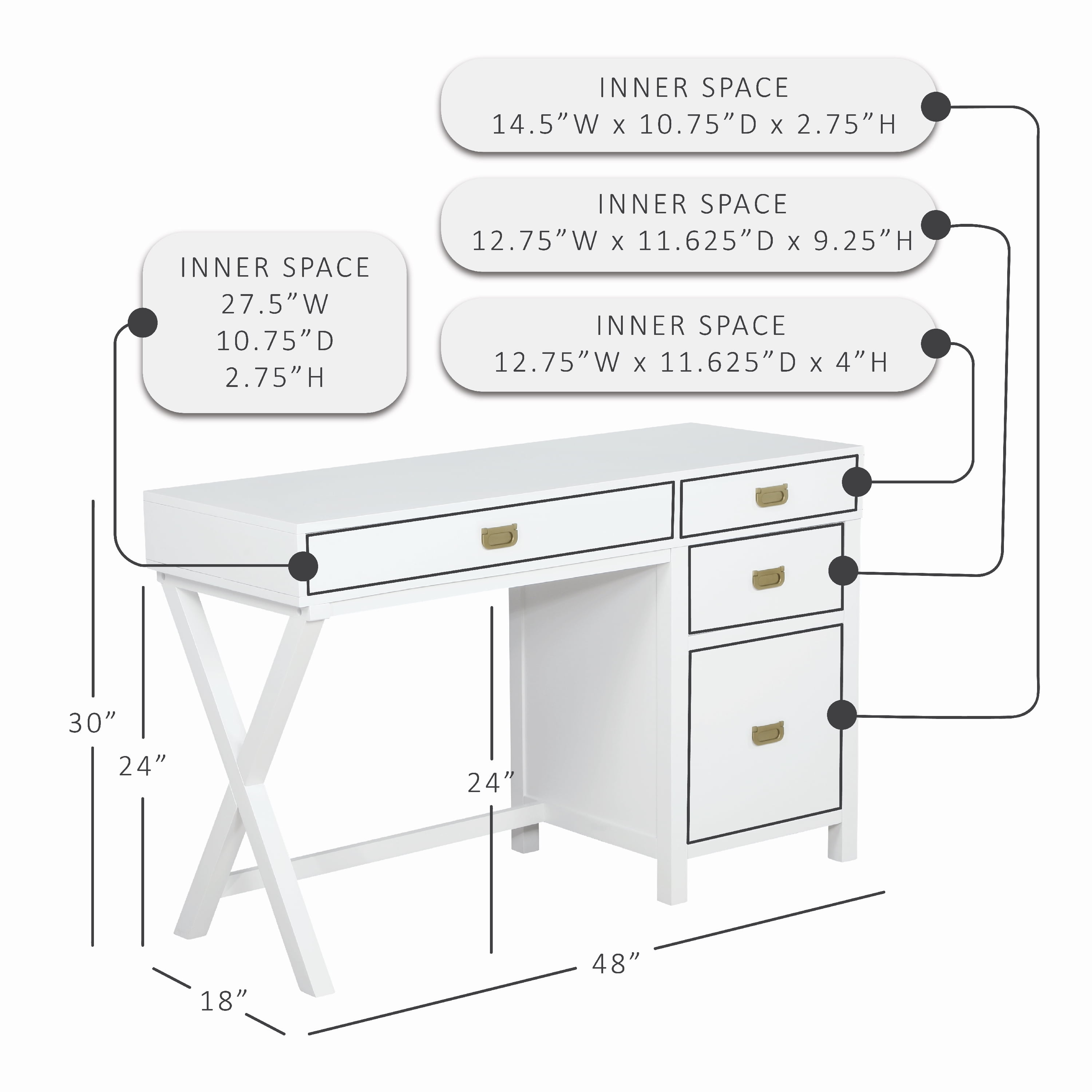 Linon Lakelyn 48" Writing Desk with 4 Drawers and Side Storage, White