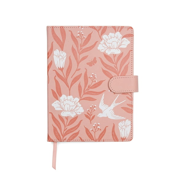 Think Ink Magnetic Closure Pink Leatherette Bird Botanical Journal – 6" x 8", 256 Lined Pages, Think Ink Bird Mag Closure Med