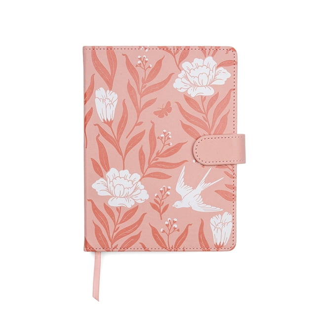 Think Ink Magnetic Closure Pink Leatherette Bird Botanical Journal – 6" x 8", 256 Lined Pages