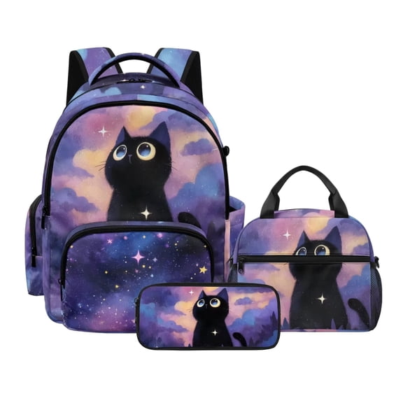 Xoenoiee Galaxy Cat Star Cloud Print Backpack with Lunch Bags and Pencil Case Set of 3 Elementary School Bags Bookbag for Kids Girls Boys Teens Large Capacity Bagpack Rucksack Travel Outdoor Daypack