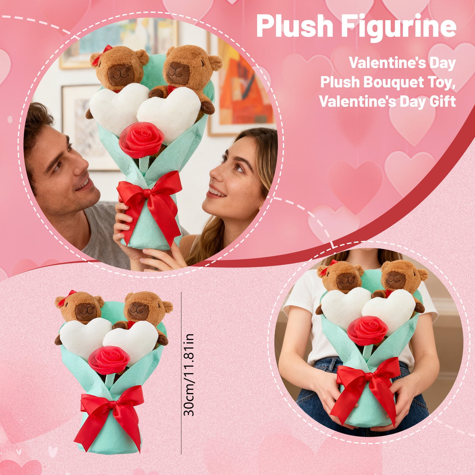 LEWEEN Capybara Bouquet Plush Gift Set: 11.8 Inch Valentine's Day Medium Capybara Plush Toy with Heart Accents, Pink Satin Bow, Soft Cuddly Design for Home Decor and Presents