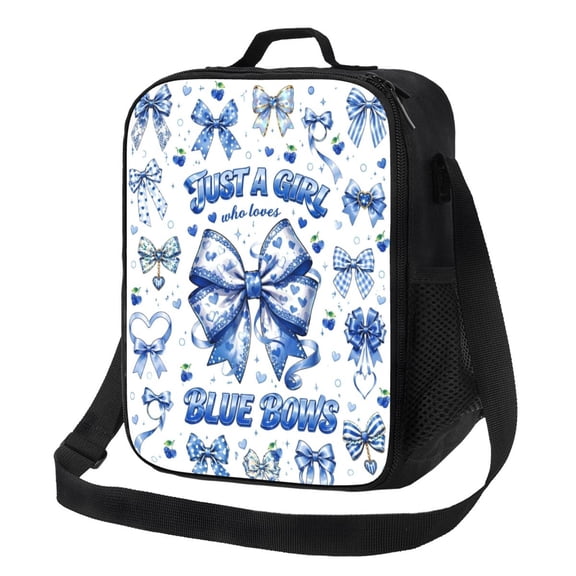 Cute Blue Bows Lunch Bag Insulated Thermal Lunch Box with Shoulder Strap & Handle for Women and Men
