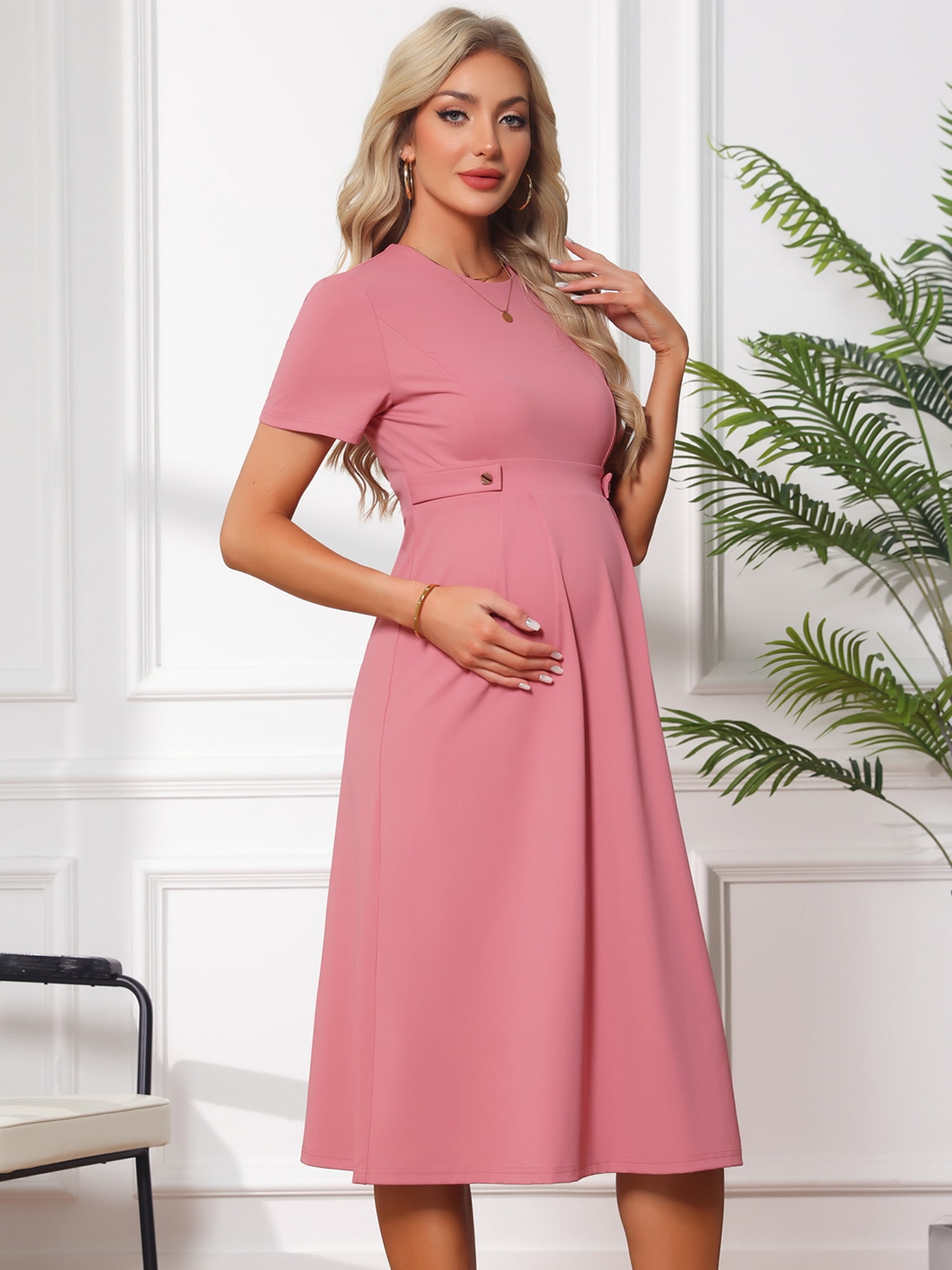 DARING DIVA Women's Maternity A Line Short Sleeve Front Pleated Dresses S Pink