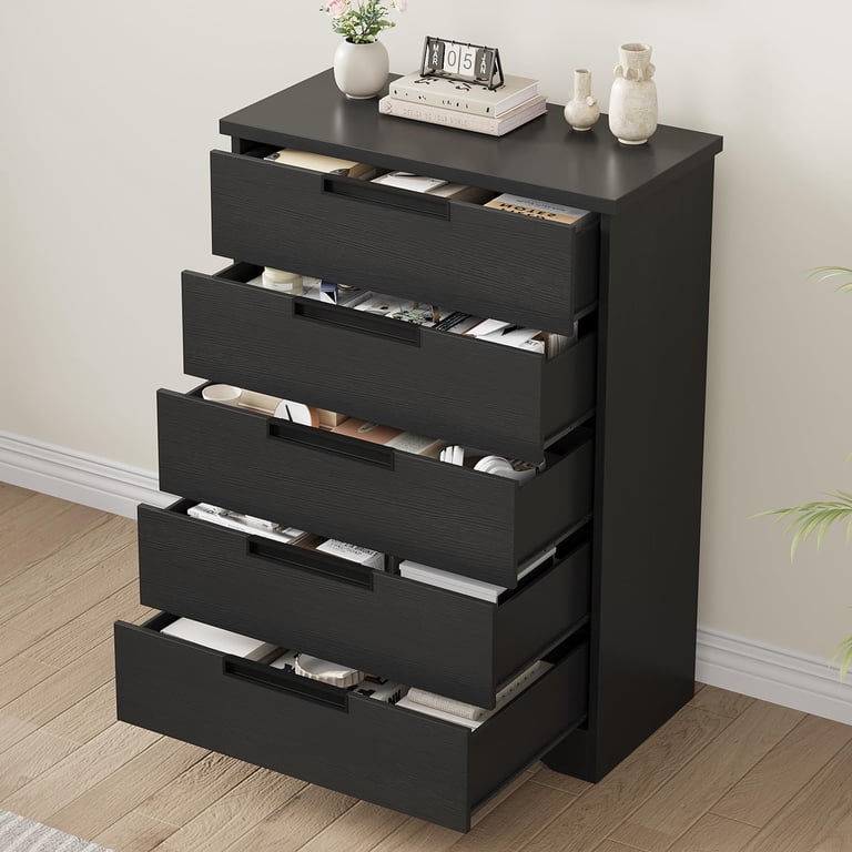 tall skinny black dresser 5 Drawer For Bedroom, Modern Chest of Drawers with Embedded Handles, 44