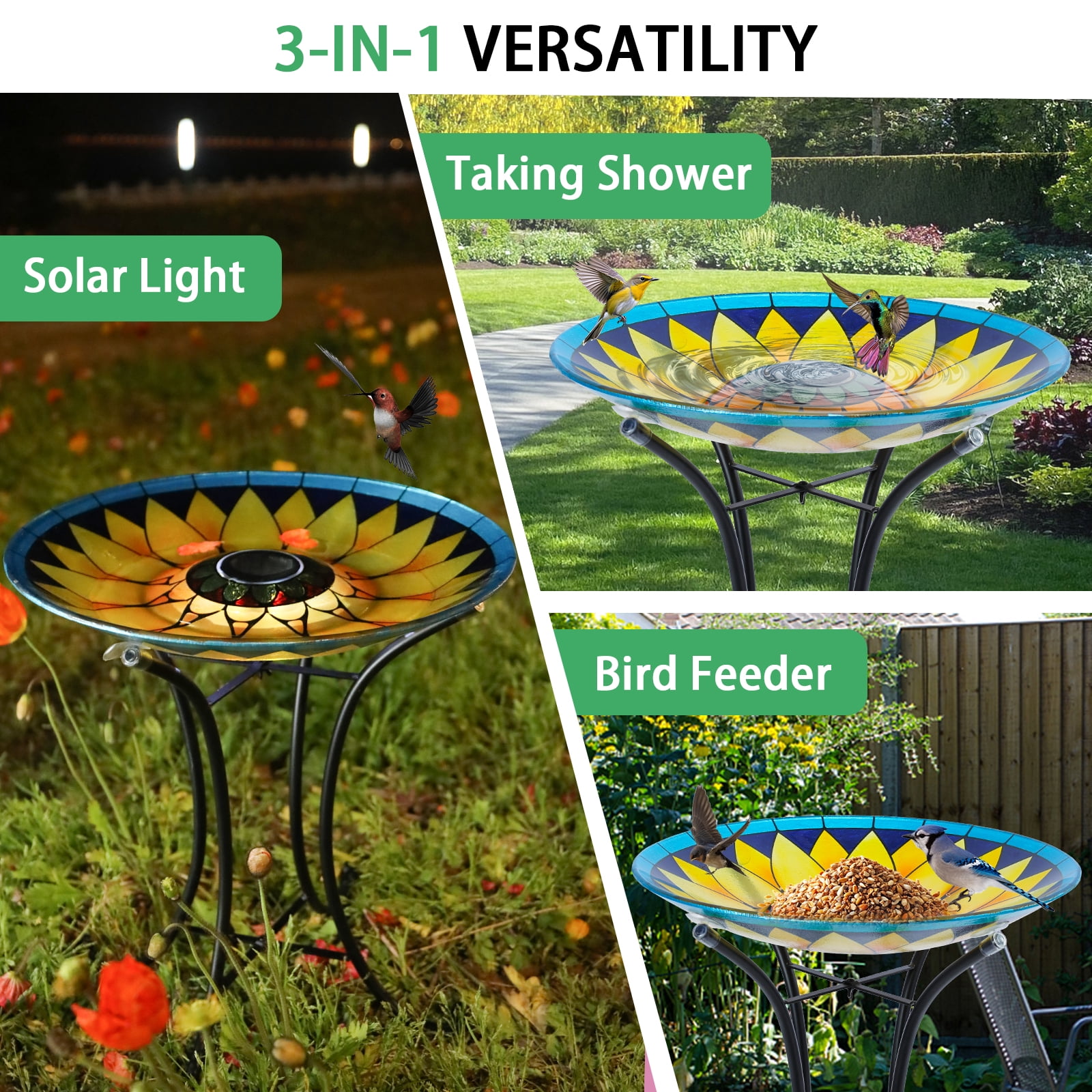 Outdoor Bird Bath, Large Glass Bird Baths Bowl with Metal Stand, Solar Sunflower Birdbaths for Outside Garden Lawn Yard Decor, 18”Dia 21.65”Height