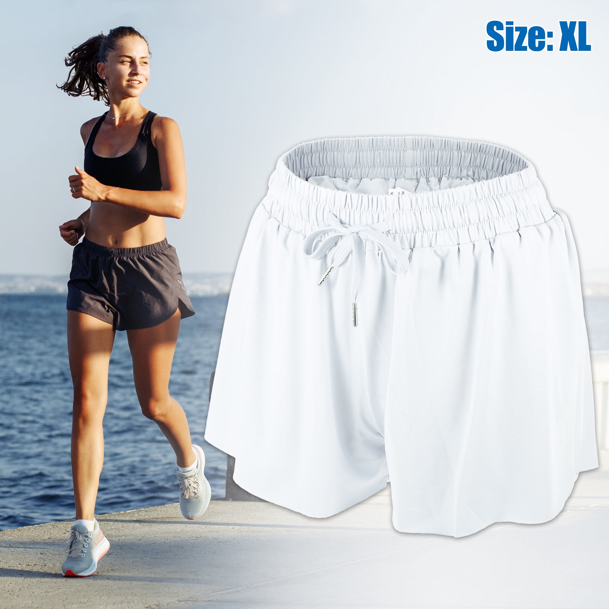 Unique Bargains 1Pcs Women Flowy Running Shorts Casual High Waisted Workout Shorts XL White