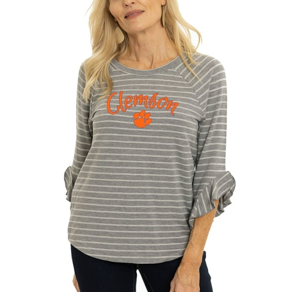 Women's  Gray Clemson Tigers Renatta Striped Ruffle 3/4-Sleeve T-Shirt