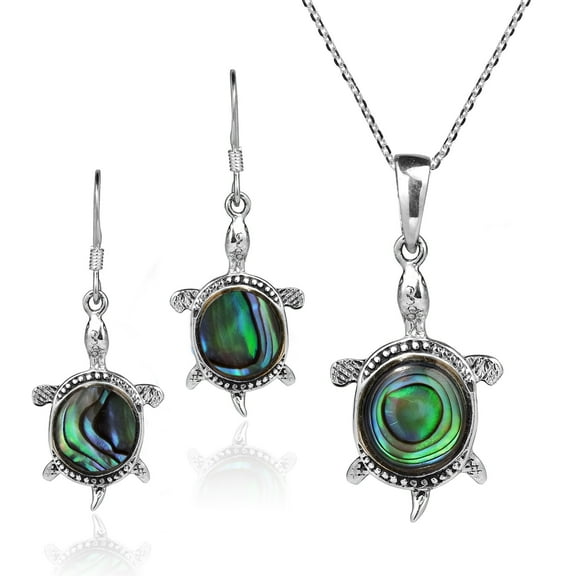 Happy Turtles Abalone Shell .925 Stering Silver Necklace Earrings Set