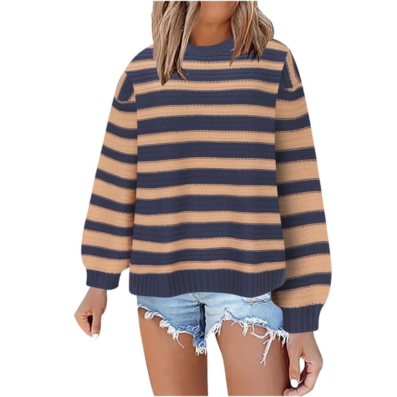 Juslio Womens Sweaters Pullovers Women Tops Striped Crew Neck Long Sleeve Knit Blue