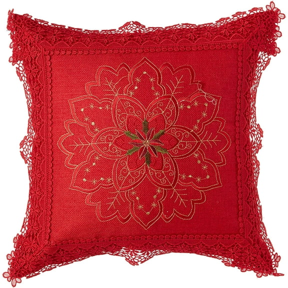 Violet Linen Christmas Braided Holly Lace Pattern, Polyester Burlap Fabric, Lace Border, Embroidered, , Poinsettia - Stars, 18 Inch x 18 Inch, Decorative Throw Pillow Cover