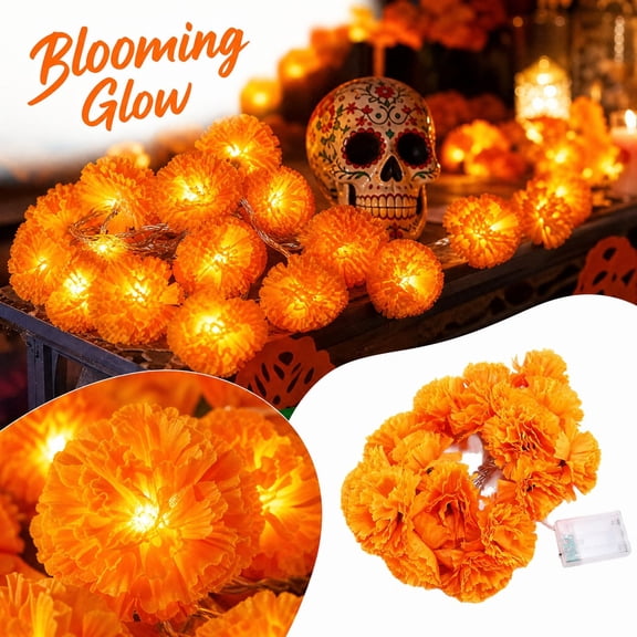 Day of the Dead Lights with Marigold Flowers, Battery Operated Dahlia String Lights for Dia de los Muertos Ofrenda and Patio Decor A