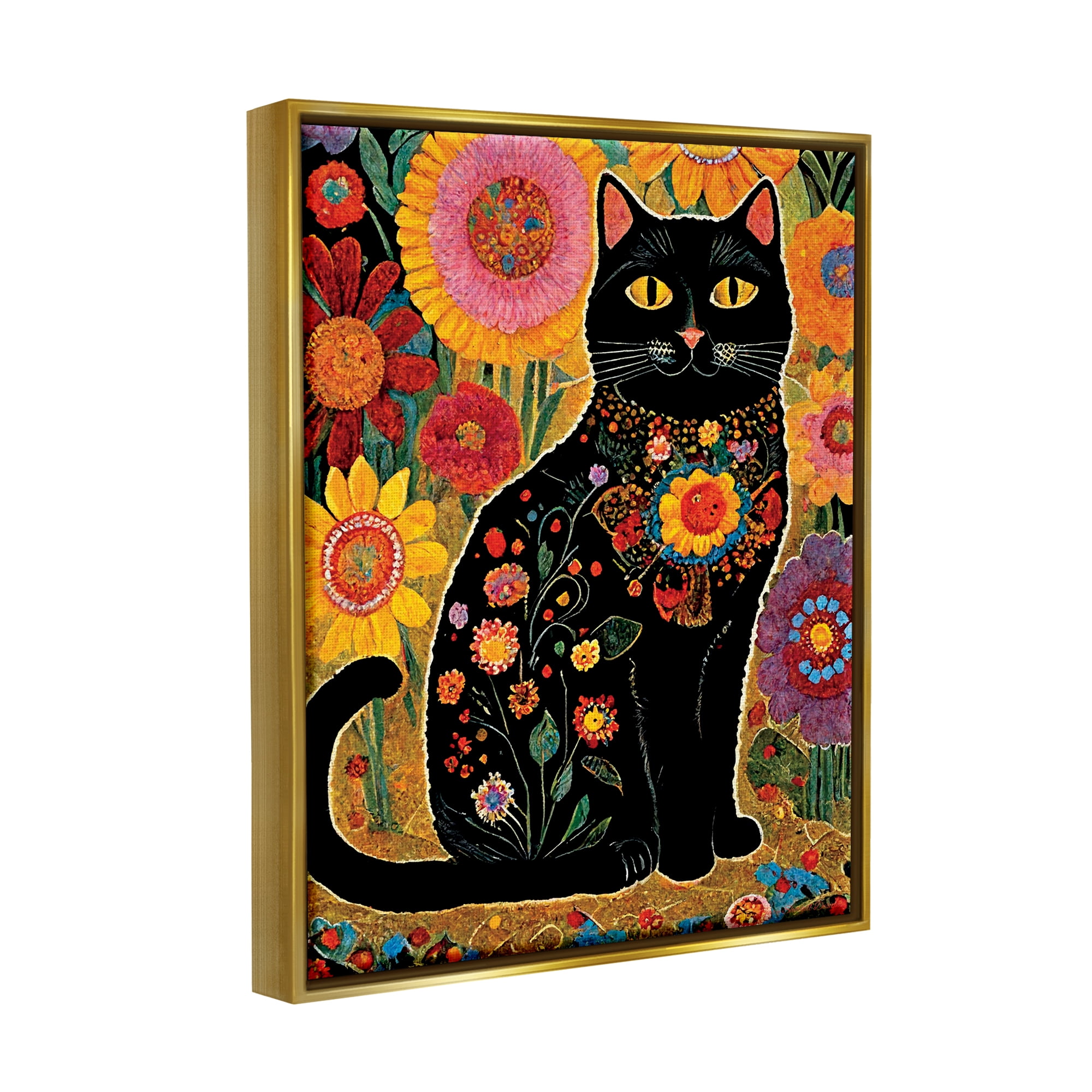 Stupell Industries Cat with Patterned Florals Animals & Insects Painting Gold Floater Framed Canvas Art Print Wall Art, 17 x 21