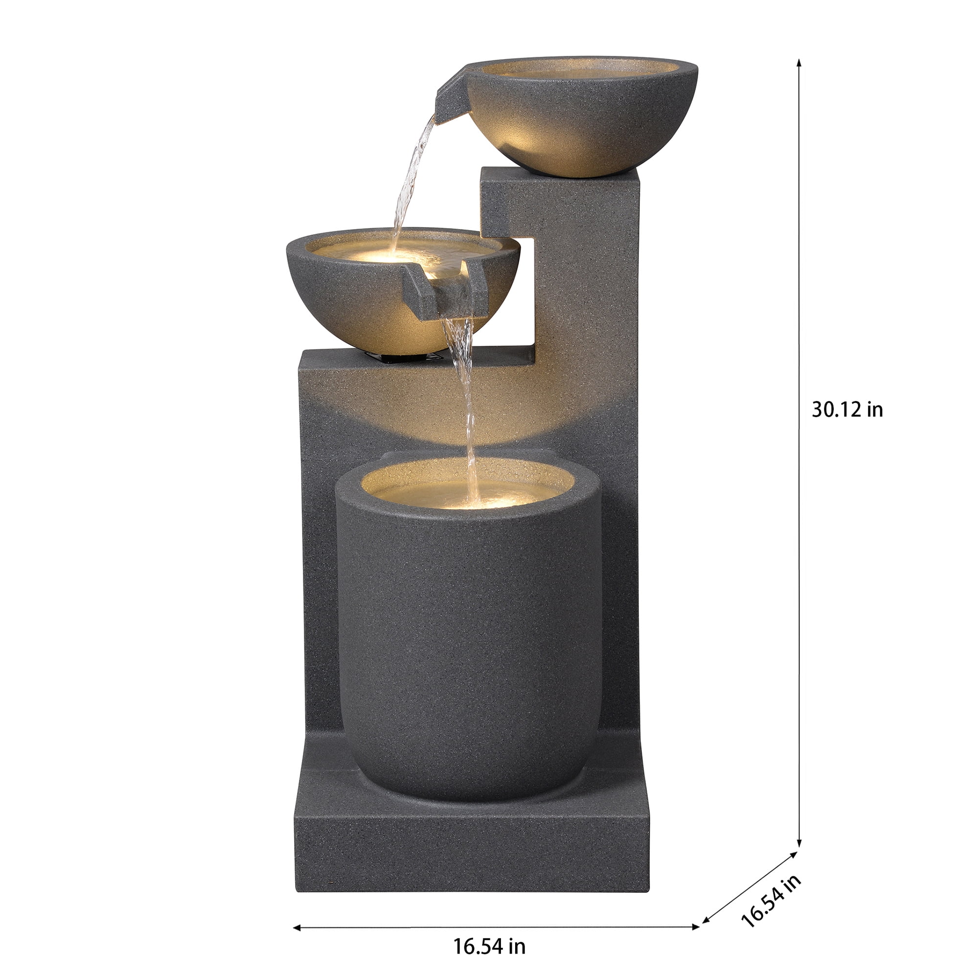 Gray Modern Tiered Bowl Fountain, Decorative Water Fountain with LED Lights and Quiet Pump, Indoor Outdoor Water Feature for Patio, Garden, Deck, Balcony, Office and Home Déco