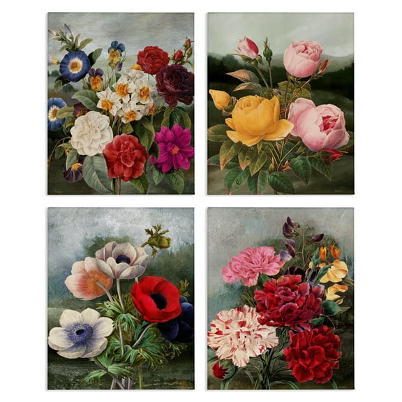 Stupell Industries Vintage Cottage Blooms Plants & Flowers Painting Wrapped Canvas Art Print Wall Art, 14 x 11, Set of 4