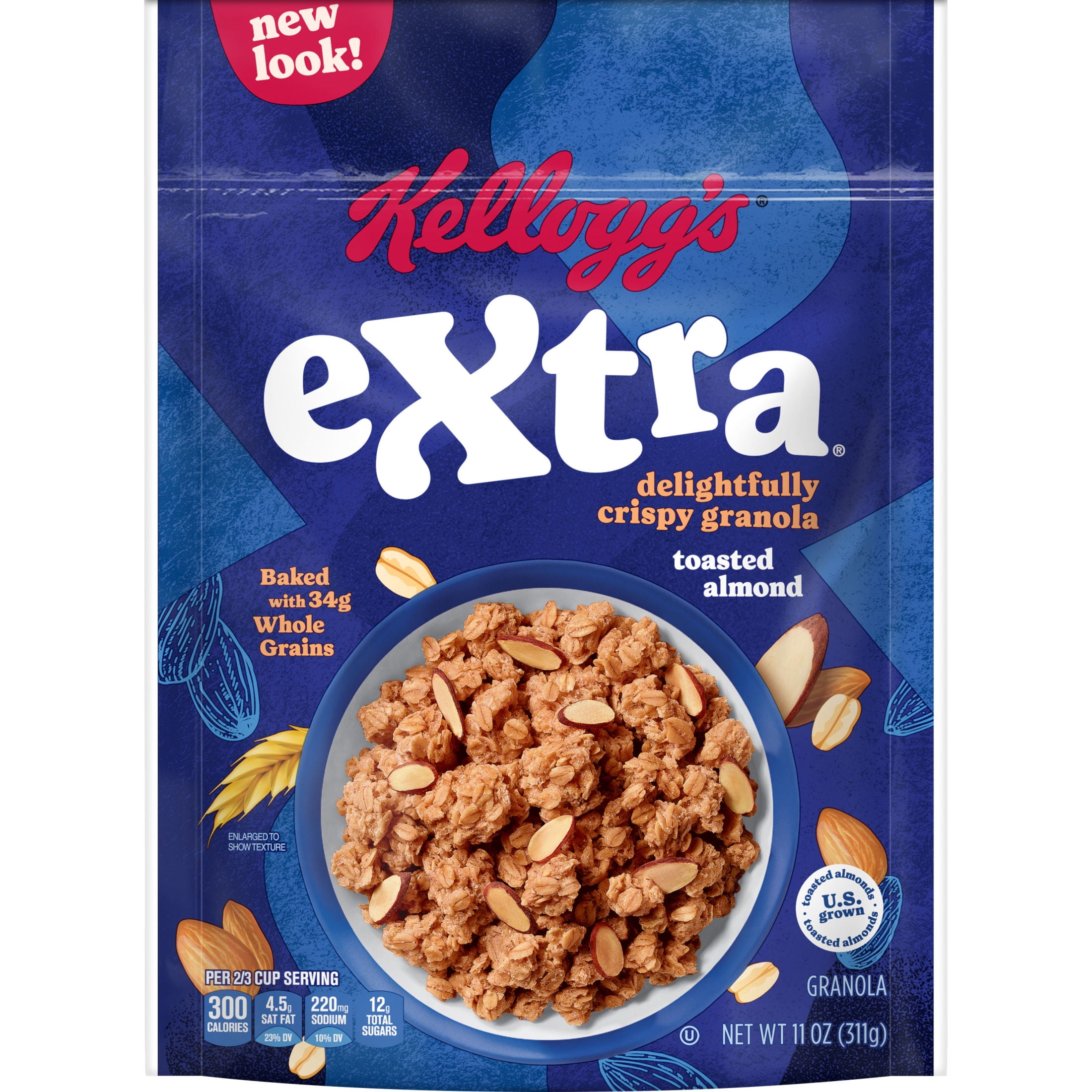 (3 pack) Kellogg's Extra Granola, Whole Grain, On-the-Go Snacks, Toasted Almond, 11oz Bag (1 Bag)