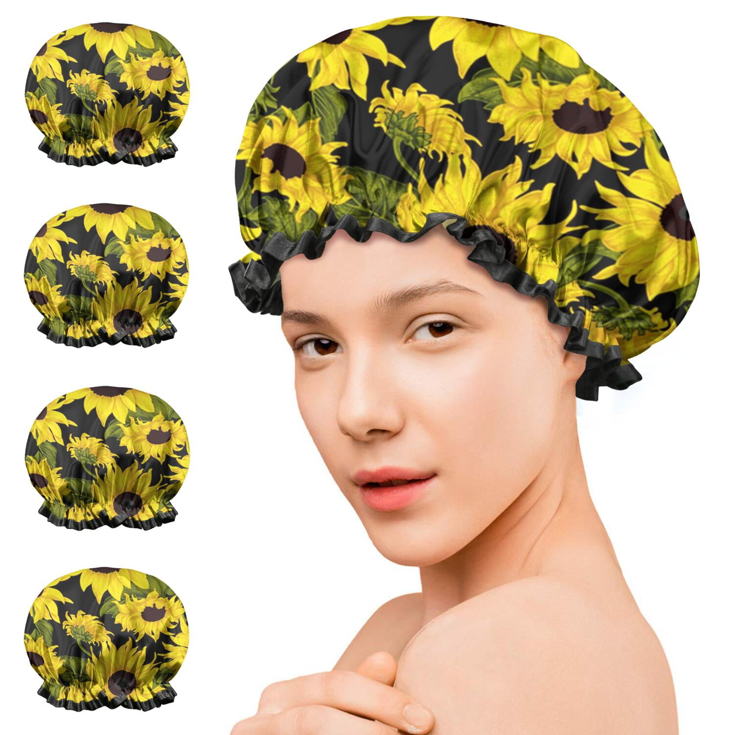 Shower Caps,Black Green Stem Sunflower Pattern Waterproof Shower Cap for Women 4 Pieces,Double Reusable Hair Cover for Shower PEVA Elastic Stretch Hem