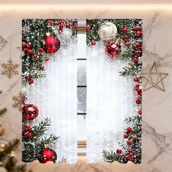 Christmas Ball Holiday Printed Curtains,2D Flat Red Luxury Xmas Print Curtains with Snowflakes and Pine Branches,Holiday Season Classic Art Holidays Party Decor for Bedroom Living Room