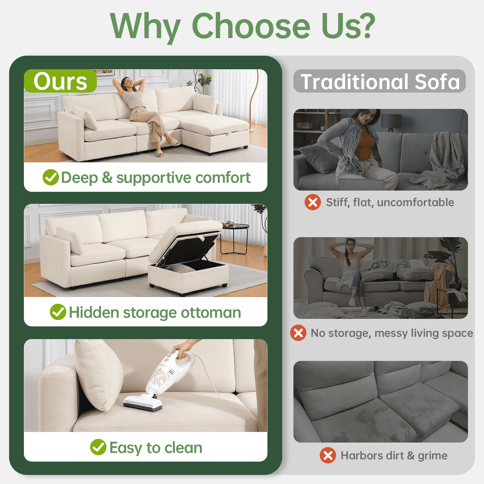 109" Modular Sectional Sofa Sleeper Bed with Storage Ottoman, Oversized Deep Seat Cloud Couch with Movable Ottomans, Convertible 4-Seat L-Shaped Sofa for Living Room or Apartment (Low Legs 1.97")