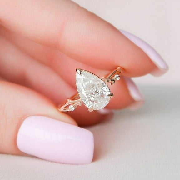 SOLITAIRE JEWELS 2.5CT Pear Cut Twig Moissanite Diamond Engagement Ring Solid 10K Rose Gold