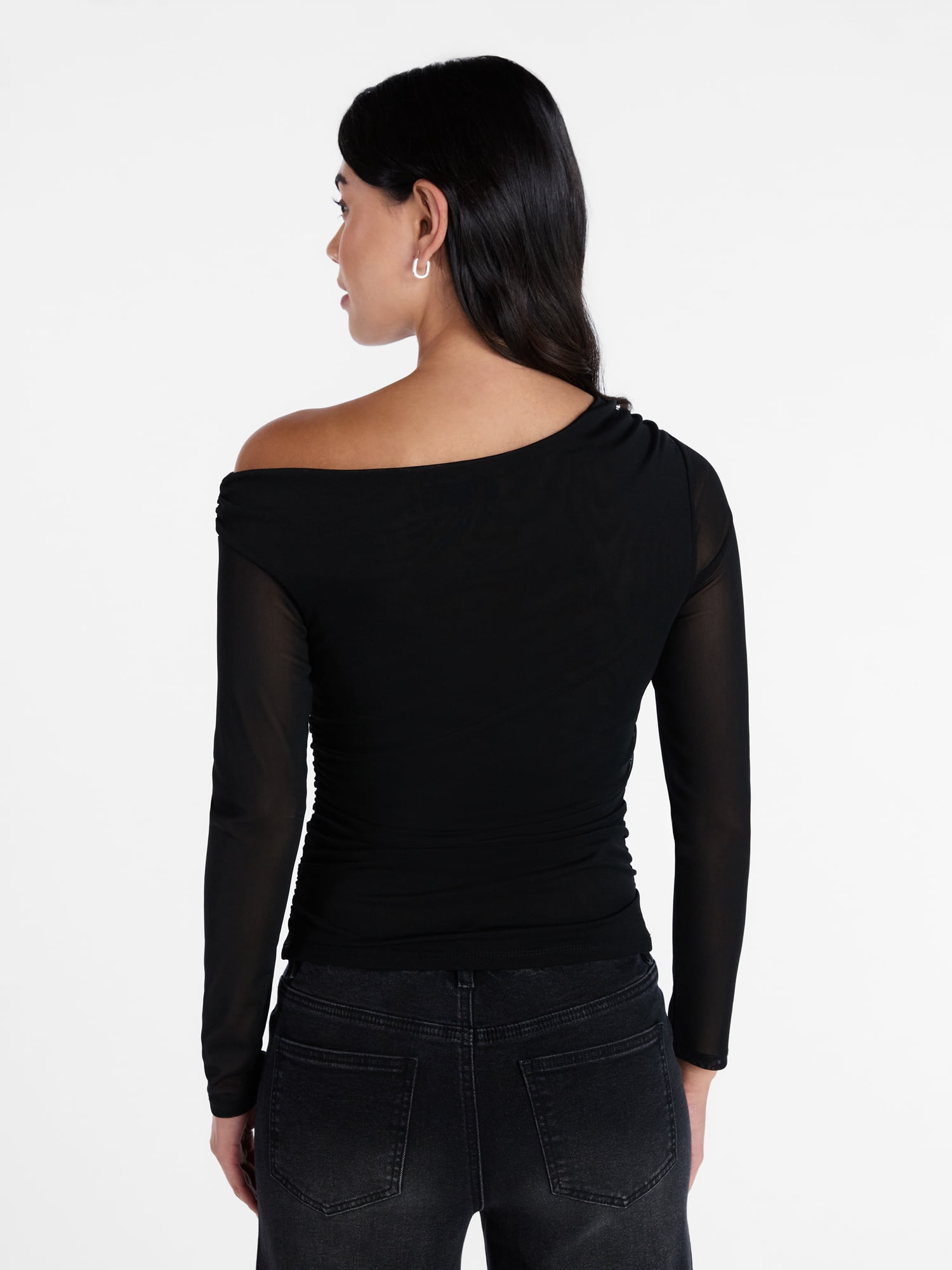 Madden NYC Women’s Asymmetrical Mesh Top with Long Sleeves, Sizes XXS-XXL