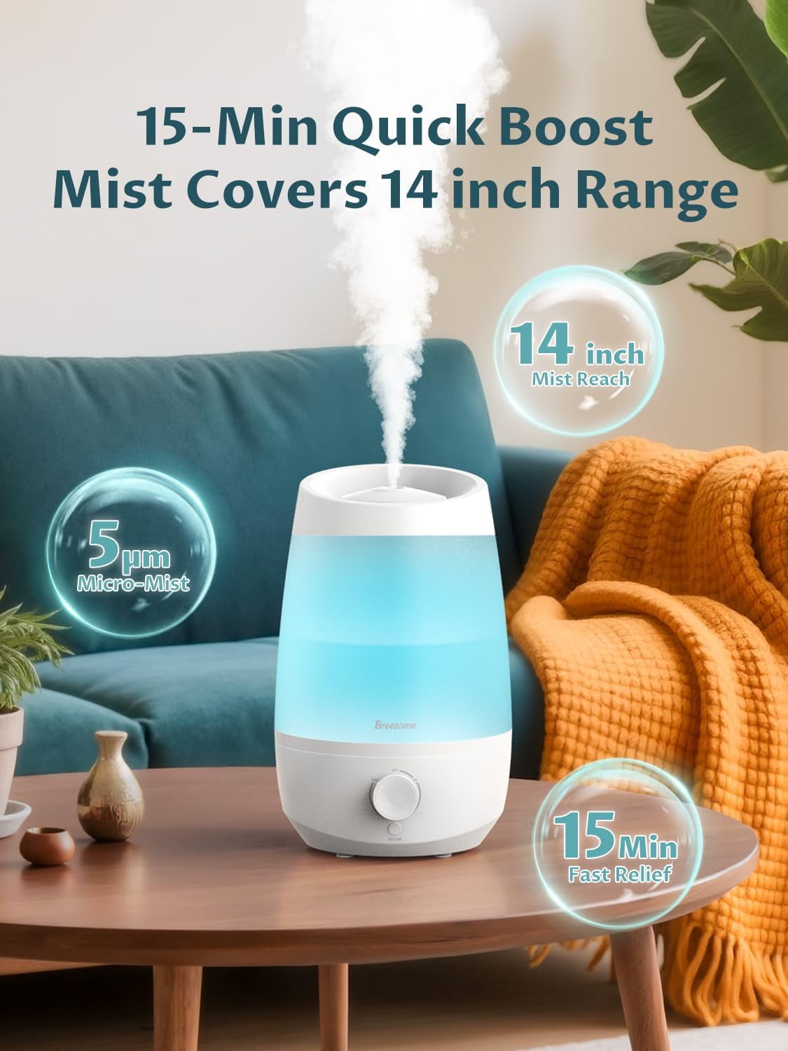 2.5L Top Fill Humidifiers for Bedroom, 250ml/h Mist Output, 25hrs Humidifiers for Home, 7 Adjustable LED, Essential Oil Diffuser, 25dB Ultrasonic Humidifier for Baby and Indoor Plants, White