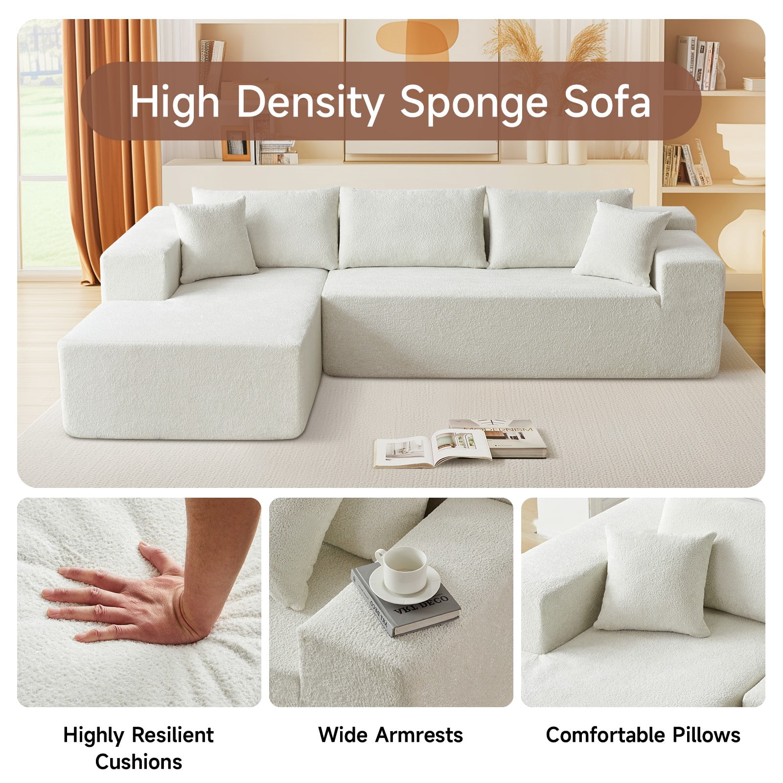 Vinform 103.54 Inch Velvet Sectional Sofa, Modern L-Shaped Modular Sofa with High-Density Foam (Includes Chaise Lounge and Throw Pillows), Upholstered Cloud Sofa for Living Rooms(Beige/Right Side)