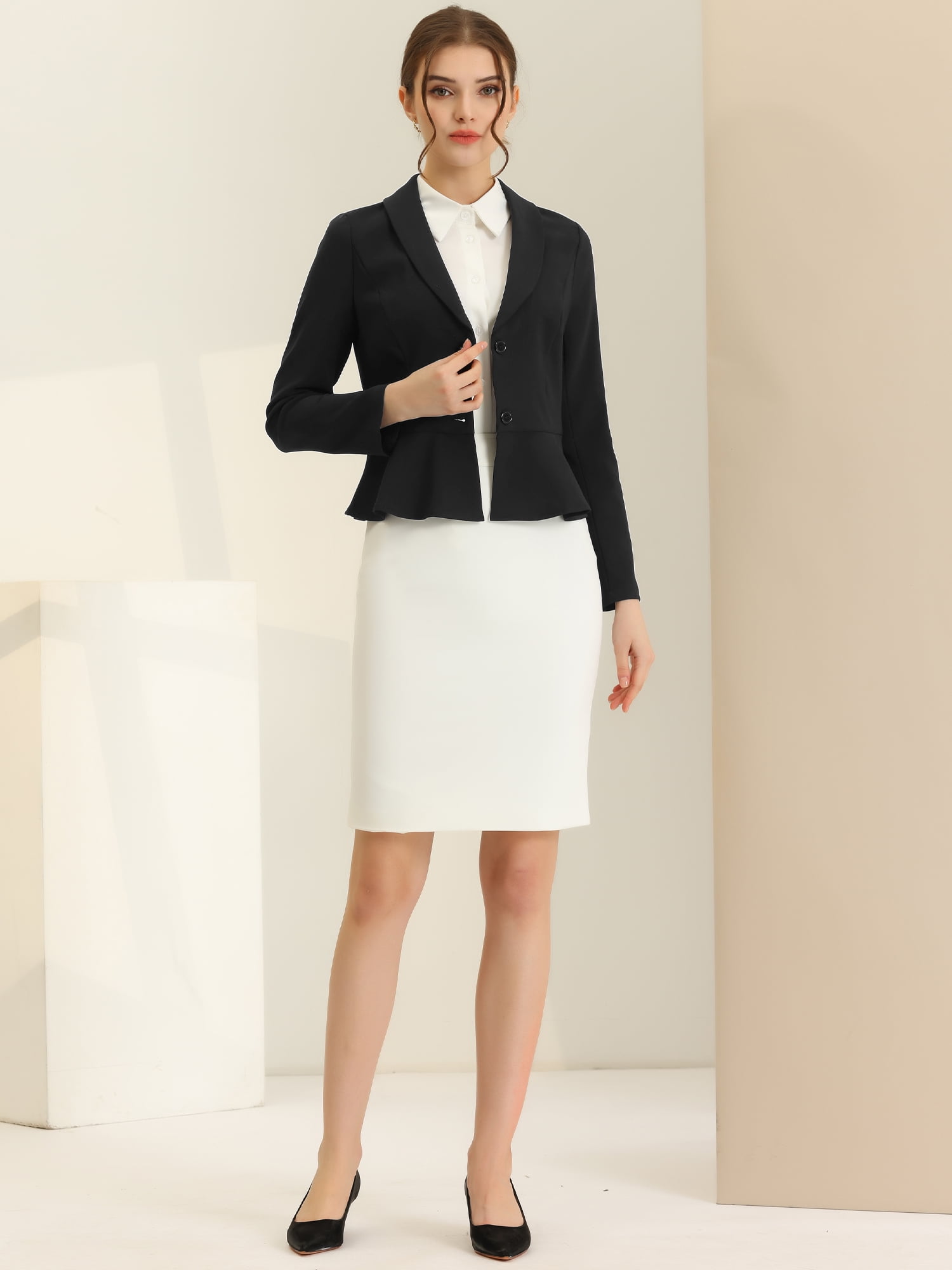 DARING DIVA Women's Vintage Shawl Collar Ruffle Hem Short Blazer L Black