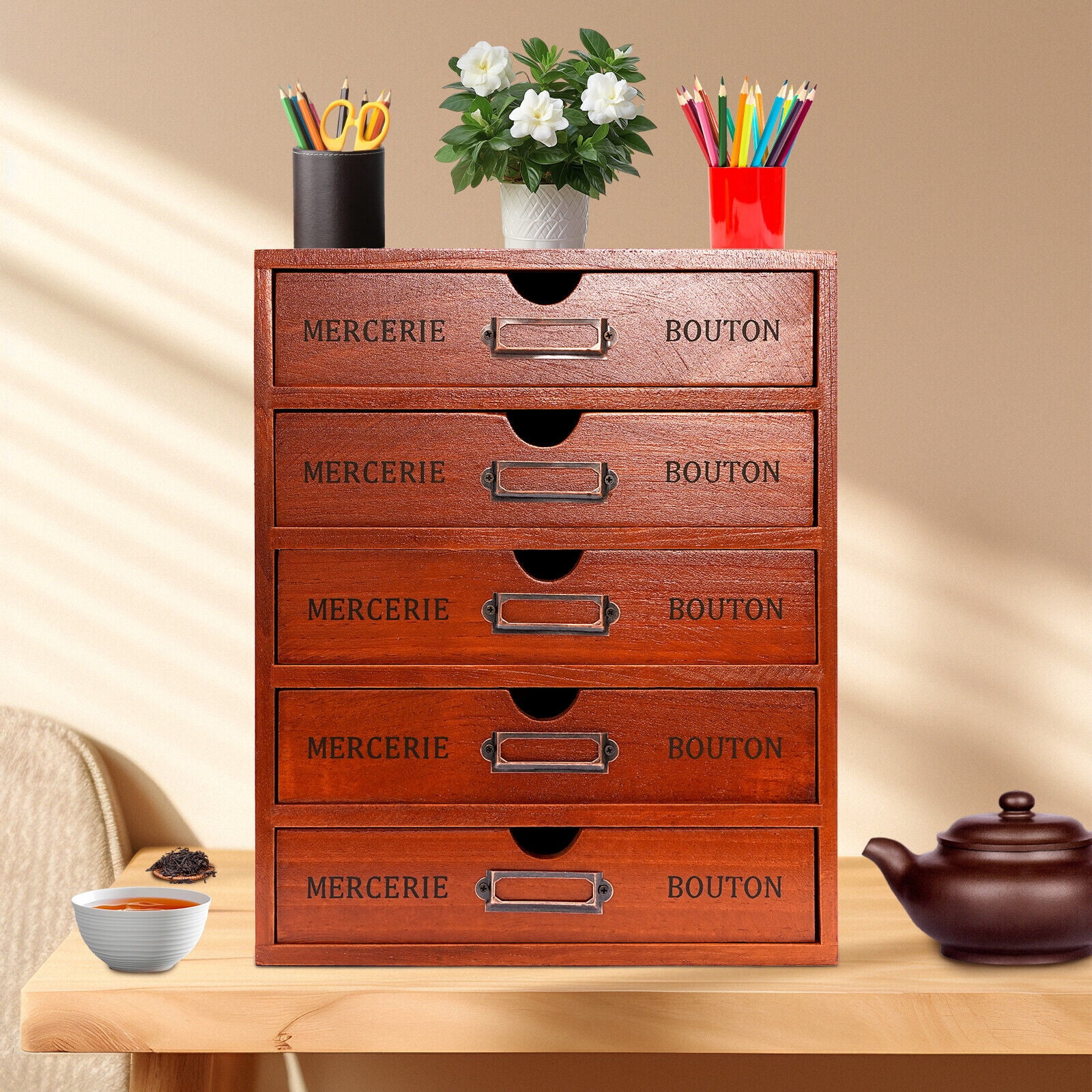 5-Drawer Retro Pine Wood Desk Organizer,Freestanding, 1.02lbs Capacity - with Label Slots & Ergonomic Handles,Ideal for Office & Home,Brown