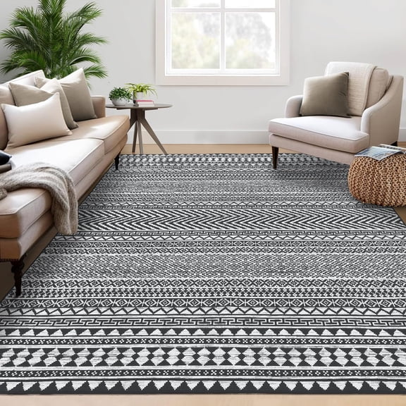 Geometric Washable Area Rug 9x12 FT, Large Non-Slip Low Pile Carpet for Living Room Bedroom Dining Room Farmhouse Accent Black Grey