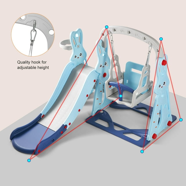 JOYLDIAS 4 in 1 Toddler Slide and Swing Set Kids Children Playset with Safety Belt, Basketball Hoop, Ball (Blue)