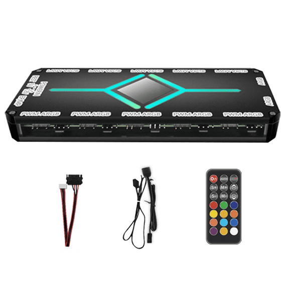 12 Port ARGB +10 Port PWM Magnetic Suction Hub with Remote Control PWM & ARGB Hub Splitter for PC Fan Hub Splitter Black